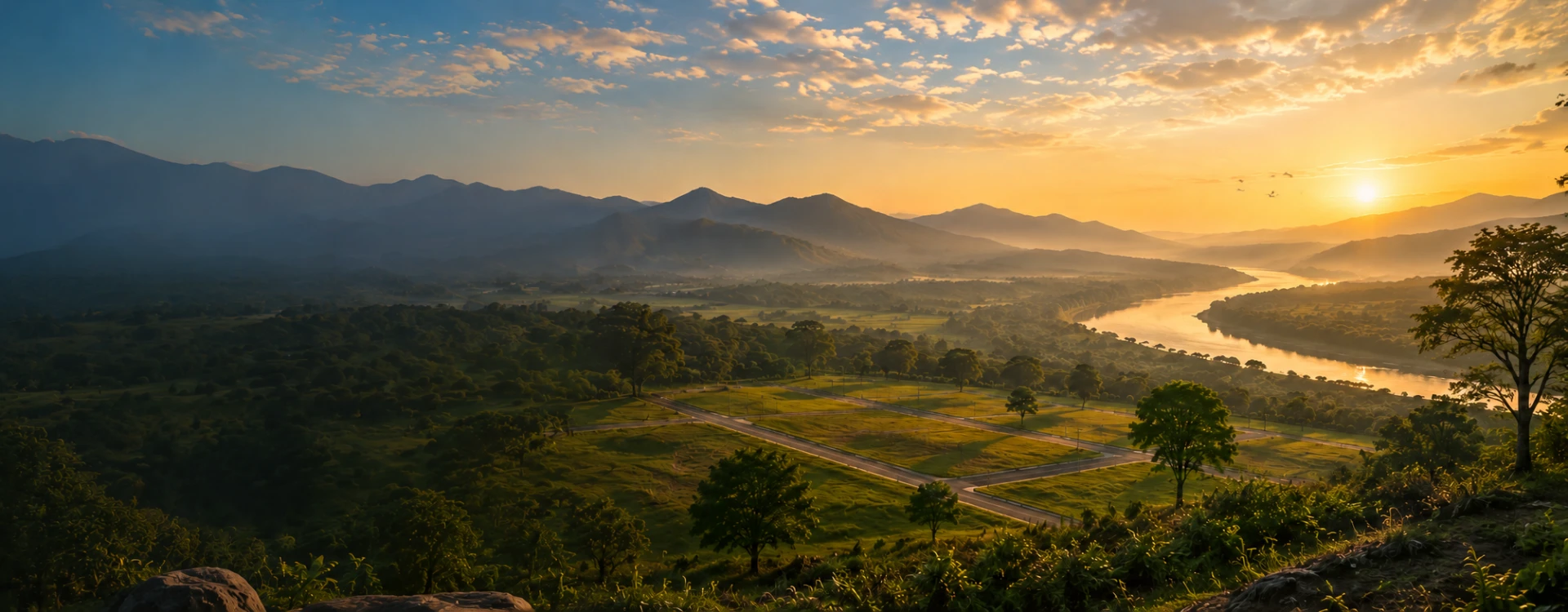 Paisaje inmobiliario al amanecer con montañas, río y lotes desarrollados en El Salvador